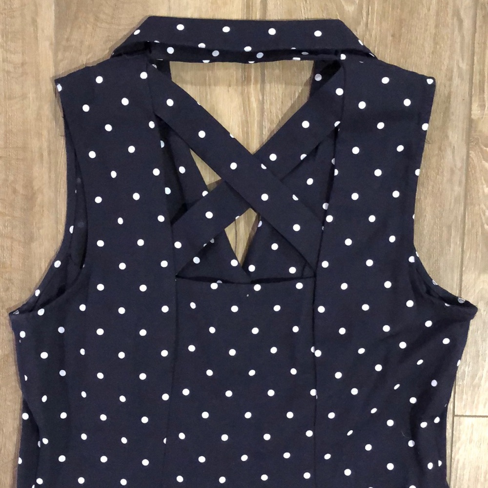 Vintage SHERI MARTIN New York - Navy Polka Dot Sleeveless Dress - Picture 6 of 12